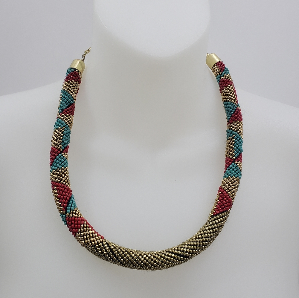 Seed Beaded Choker Necklace in Goldtone